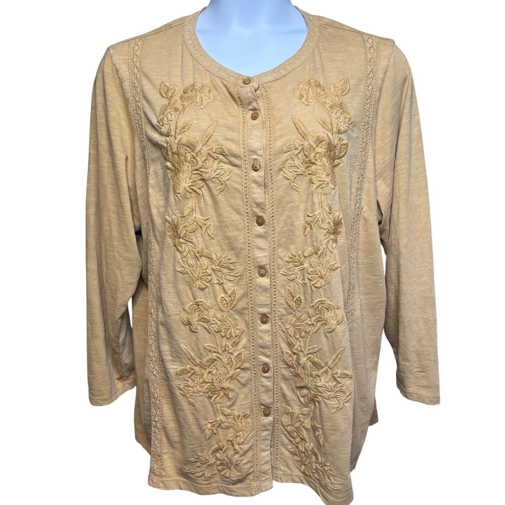 COLDWATER CREEK Womens Tan Floral Embroidered Long Sleeve Top 2X Boho Rustic